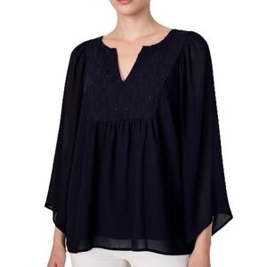 LOFT Embroidered Blouse Women XS Navy Blue Boho V-Neck Long Sleeve Sheer Overlay
